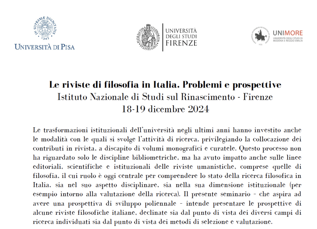 Colloquio Le riviste di filosofia in Italia. Problemi e prospettive